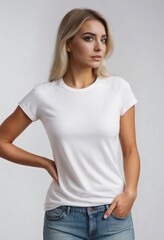 Wall Mural - Blonde young woman wearing blank white t-shirt in photo studio. Attractive female model poses in white t-shirt with copy space for text, logo, branding, print design. Template of clothes front view 