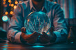investor prediction, forecasting, stock market chart with candlestick in the crystal globe. High quality photo