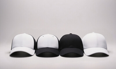 Wall Mural - Mock up of blank black and white baseball caps with copy space for text, logo, branding, print design. Front view of caps, sport hats on white background. Template of empty sports headgear, headdress