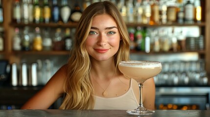 Sticker -  A lady lounges at the bar, sipping a drink while surrounded by an array of alcoholic beverages on the adjacent shelf