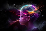Fototapeta Morze - A child's head is surrounded by a colorful cloud of space. The child's eyes are open and staring into the distance. Concept of wonder and curiosity about the universe. Created with generative AI tools