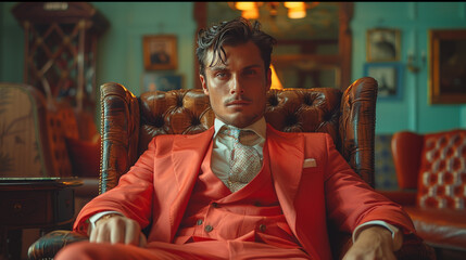 A serious young man in a red suit seated regally in a leather armchair in a luxuriously decorated room