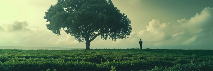 Wall Mural - a man standing next to a tree on top of a lush green field with a person standing next to it.