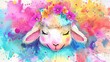  A depiction of a sheep adorned with a floral crown, with its eyes closed in tranquility