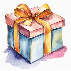 Watercolor illustration of gift box with bow on white background. Hand drawn art