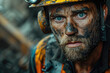 Close-up portrait of a weary male miner, showcasing the resilience and hard work. Unveil the grit with a tired, dirt-streaked face. Gritty, labor, exhaustion, hardworking, miner portrait.