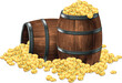 Two wooden barrels with gold coins. White background. Highly detailed realistic illustration.