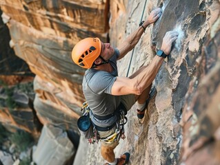 Rock climber climbs steep wall wearing helmet.