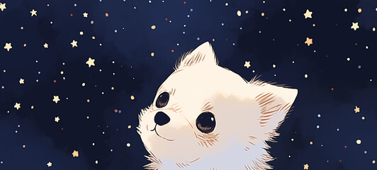 Wall Mural - Hand drawn cartoon illustration of cute puppy under the starry sky