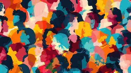 Wall Mural - Colorful diverse people crowd abstract art seamless pattern. Multi-ethnic community, big cultural diversity group background illustration in modern collage painting style.