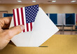 USA elections 2024, pivotal moment of a citizen exercising their democratic right during a USA election. The act of voting is a cornerstone of American democracy, symbolized here by the ballot box and