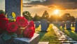 Red roses on a gravestone in a cemetery