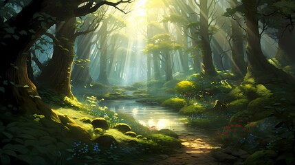 A sunlit glade in the heart of the forest, with rays of light filtering through the leaves and illuminating the emerald surroundings.