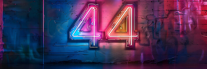 Wall Mural - Neon light number 44 on concrete wall, colorful glow.