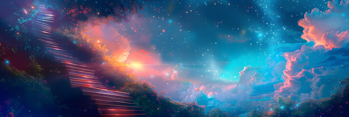 Wall Mural - Stairway to heaven in vibrant celestial dreamscape.