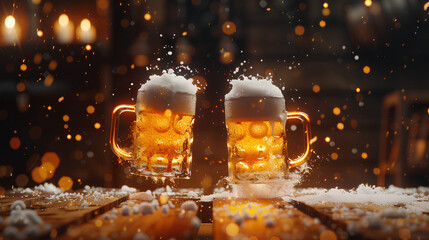 Wall Mural - Glasses of cold golden hoppy beer with splashes and foam.