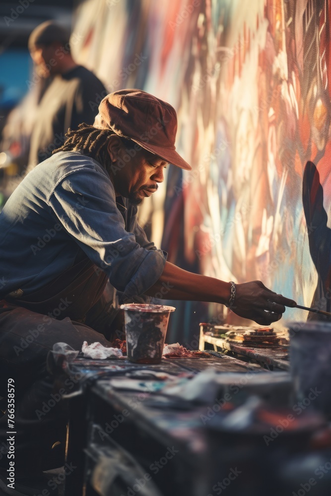 A man, known as VetalVit, is painting a vibrant graffiti mural on a ...