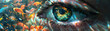 An eye with a reflection of fish, symbolizing a vibrant inner world.