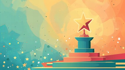 illustration of an abstract trophy with star and geometric shapes, set against a vibrant background with scattered stars, 