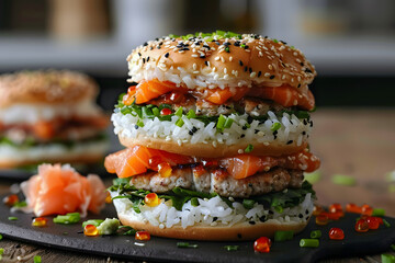 Wall Mural - A creative sushi burger dish with fresh salmon slices as buns and sesame rice as toppings. Concept: fusion style of modern cuisine, unusual food combination