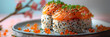 A creative sushi burger dish with fresh salmon slices as buns and sesame rice as toppings. Concept: fusion style of modern cuisine, unusual food combination