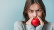 An Annoyed Woman Suspiciously Examining a Red Apple on a Bright Background Generative AI