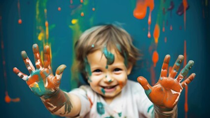 Wall Mural - A young child is covered in paint and is smiling. The child is holding up their hands, which are also covered in paint. The scene is likely a painting session or a messy playtime