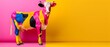  A cow in a pink-and-yellow room with pink-and-yellow walls behind it