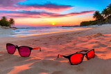Fototapeta Natura - Stylish sunglasses resting on a sandy beach