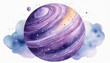 Watercolor drawing of purple planet isolated on white background. Galaxy and universe concept.