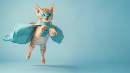 superhero cat, Cute orange tabby kitty with a blue cloak and mask jumping and flying on light blue background with copy space. The concept of a superhero, super cat, leader, funny animal studio shot.