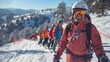 © Nataliya - Group of kids learning how to ski on slope with instructor. Blue sky and white firs in background