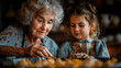 A grandmother teaches her grandchild to bake.