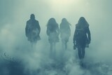 Fototapeta  - the dramatic narrative of Three businesswomen's venture through clouds and smoke, depicted in epic proportions.