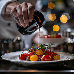 Wall Mural - Chef pouring sauce on cherry tomatoes with rosemary on a plate
