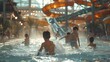 Children enjoying a fun day at an indoor water park. Happiness and excitement in a recreational setting. Ideal for family and travel themes. AI