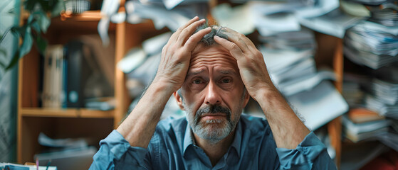 A man holding his head with both hands and looking distressed. Mental health issues from work-related stress tax issue and duties.