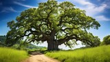 Fototapeta Tęcza - A majestic old oak tree standing tall amidst a sea of lush greenery, its branches reaching towards the sky.