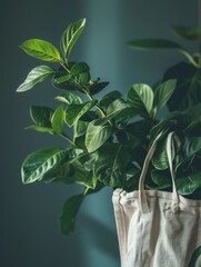 Wall Mural - A green plant is sitting in a white bag. Concept of freshness and natural beauty