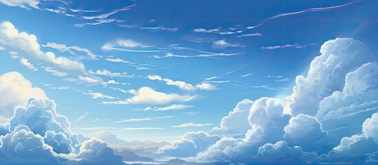 Wall Mural - The azure sky is adorned with fluffy white cumulus clouds, creating a picturesque natural landscape. The horizon is lined with an electric blue atmosphere, as the wind gently dances across the sky