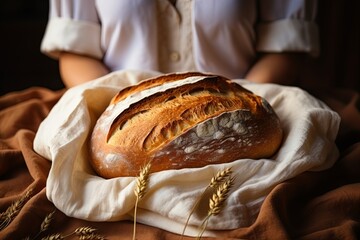 A woman holds a loaf of rye, fresh bread against the background of wheat ears. A fresh baked loaf of bread in a field of wheat or rye. Whole-grain rye bread on a checkered napkin. Generative AI.