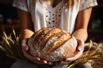 A woman holds a loaf of rye, fresh bread against the background of wheat ears. A fresh baked loaf of bread in a field of wheat or rye. Whole-grain rye bread on a checkered napkin. Generative AI.