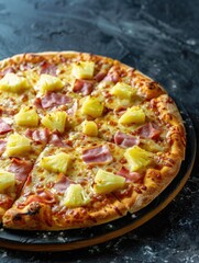 Wall Mural - A Hawaiian pizza with ham and pineapple toppings sits on a wooden board. The pizza is ready to be eaten and looks delicious