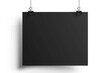 Realistic black hanging blank paper sheet with shadow in A4 format and paper clip, binder on white background. Design poster, template or mockup. Vector illustration.