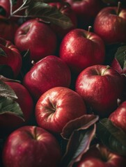Wall Mural - A bunch of red apples are on top of some leaves. The apples are shiny and ripe