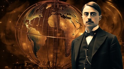 Wall Mural - A man stands in front of a globe with a mustache. The globe is surrounded by a wire cage