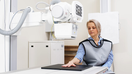 Wall Mural - The doctor prepares the patient for an X-ray of the arm. Preparing for radiography. Examination of a broken or bruised arm. Medical examination, hospital trauma department.