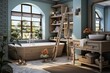 Stylish bathroom interior with modern tub and beautiful houseplants. Cozy posh luxurious interior design of bathroom with white bathtub, wooden classic parquet floor. Home design. Generative AI.