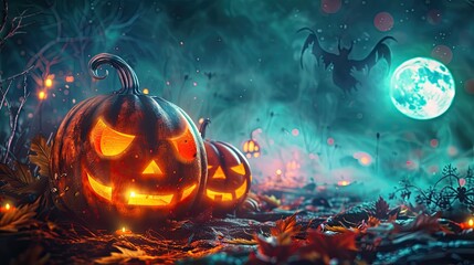 Wall Mural - Glowing Jack-o'-Lanterns in Spooky Halloween Night Scene under Moonlight