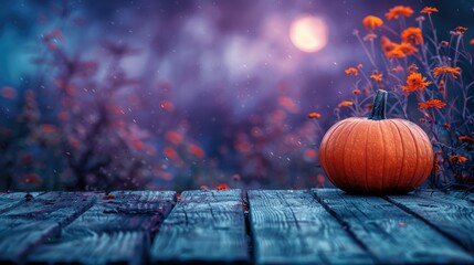Wall Mural - Spooky Halloween Table with Orange Pumpkin on Old Wooden Plank under Purple Moonlit Landscape
